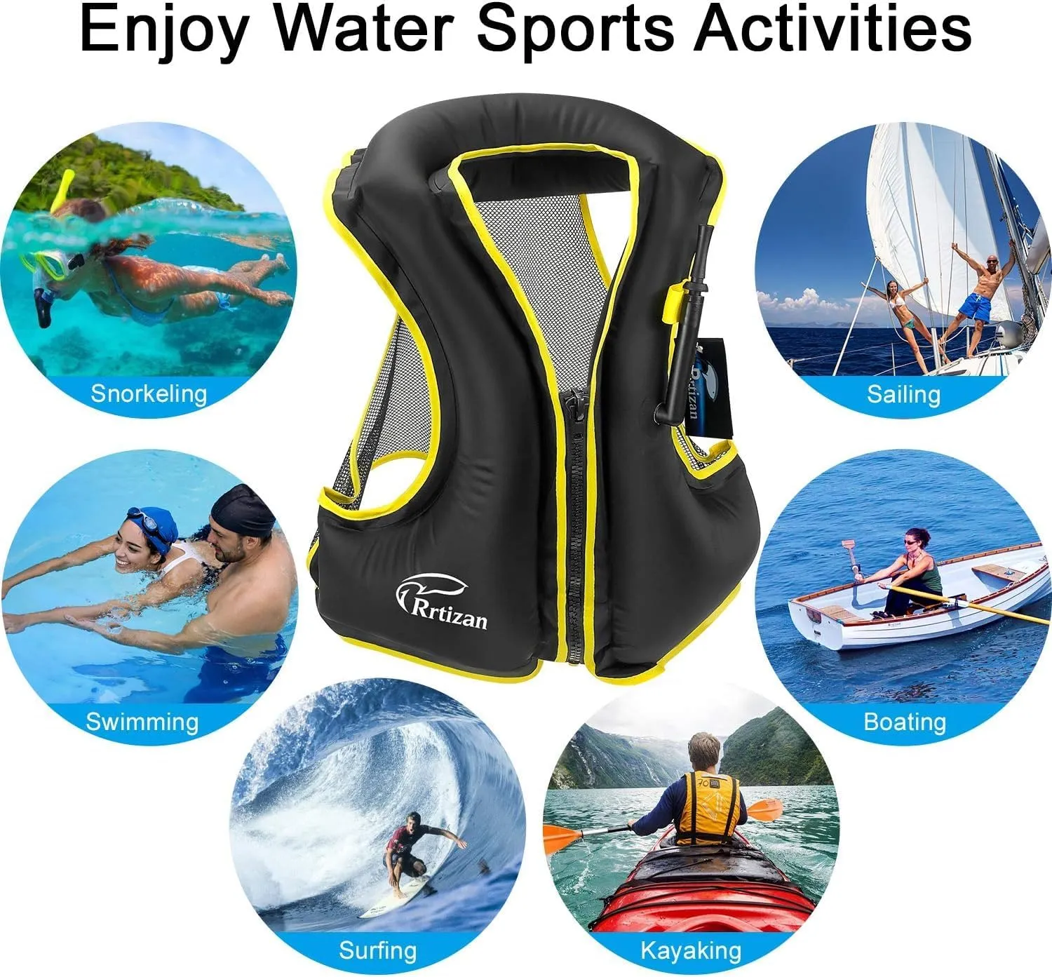 Rrtizan Inflatable Snorkel Vest for Adult, Travel Snorkeling Vest for Swimming, Snorkeling, Paddleboarding, Swim Vest Adult Suitable for 90-220lbs