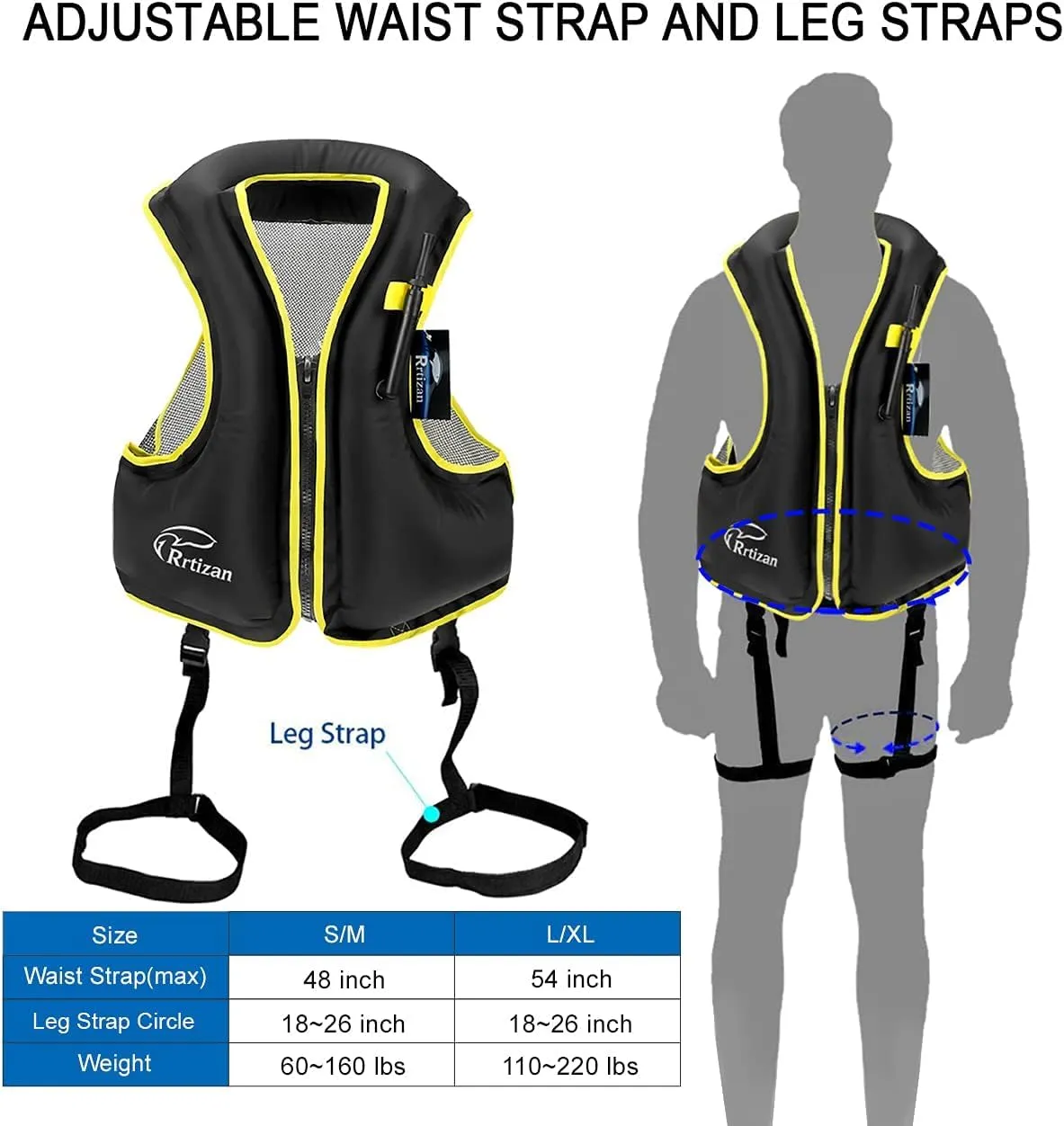 Rrtizan Inflatable Snorkel Vest for Adult, Travel Snorkeling Vest for Swimming, Snorkeling, Paddleboarding, Swim Vest Adult Suitable for 90-220lbs