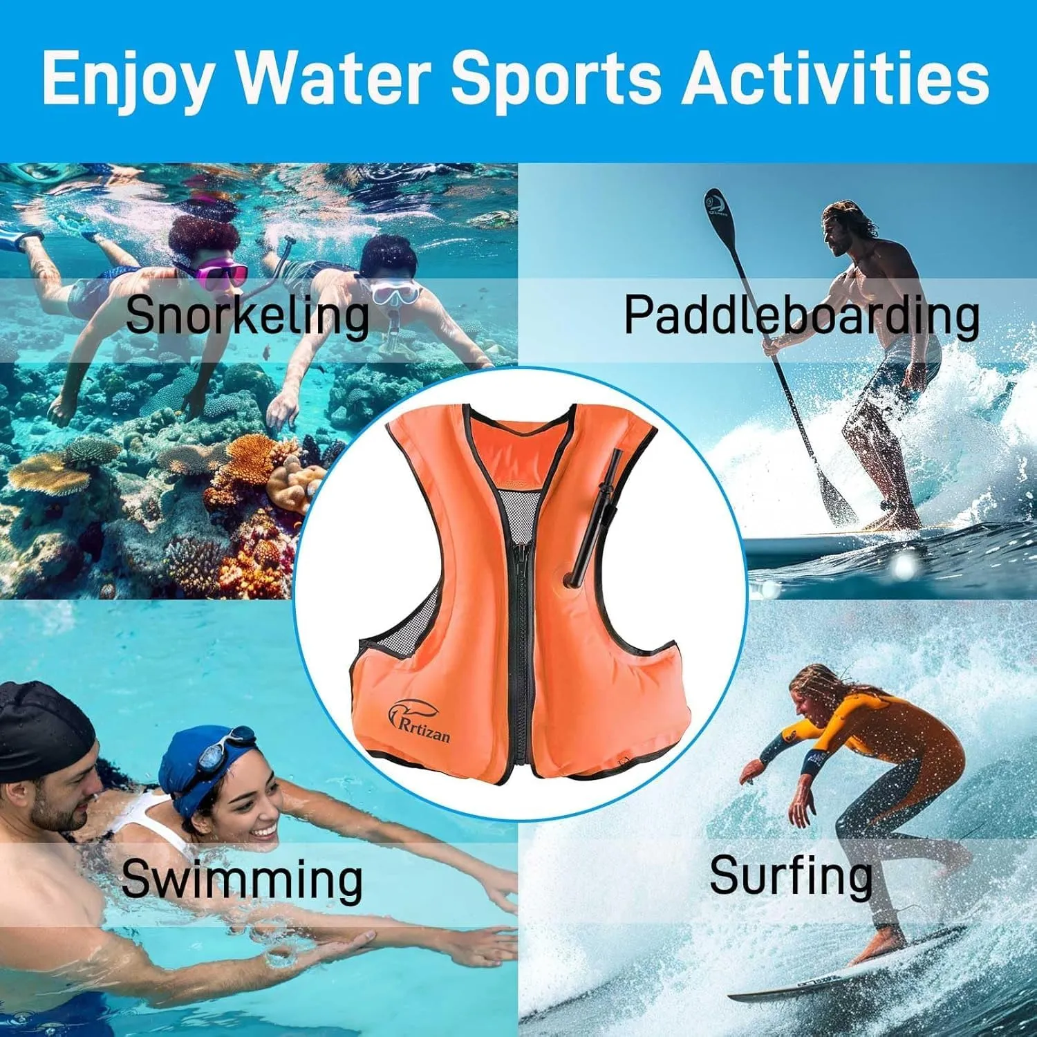 Rrtizan Inflatable Snorkel Vest for Adult, Travel Snorkeling Vest for Swimming, Snorkeling, Paddleboarding, Swim Vest Adult Suitable for 90-220lbs