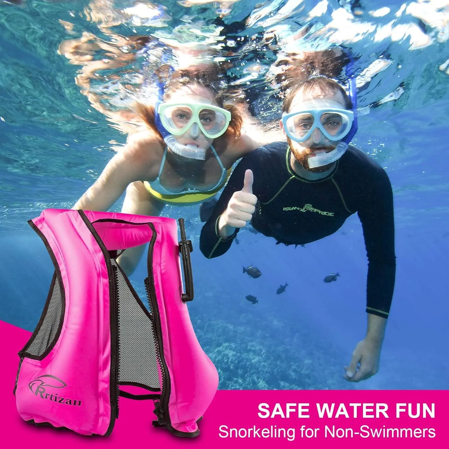 Rrtizan Inflatable Snorkel Vest for Adult, Travel Snorkeling Vest for Swimming, Snorkeling, Paddleboarding, Swim Vest Adult Suitable for 90-220lbs