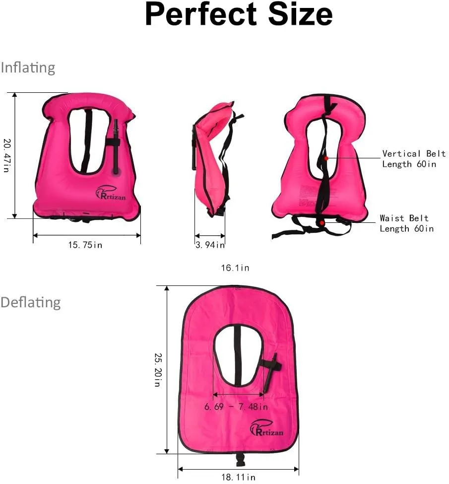 Rrtizan Snorkel Vest, Adults Portable Inflatable Swim Vest Jackets for Snorkeling Swimming Diving Safety