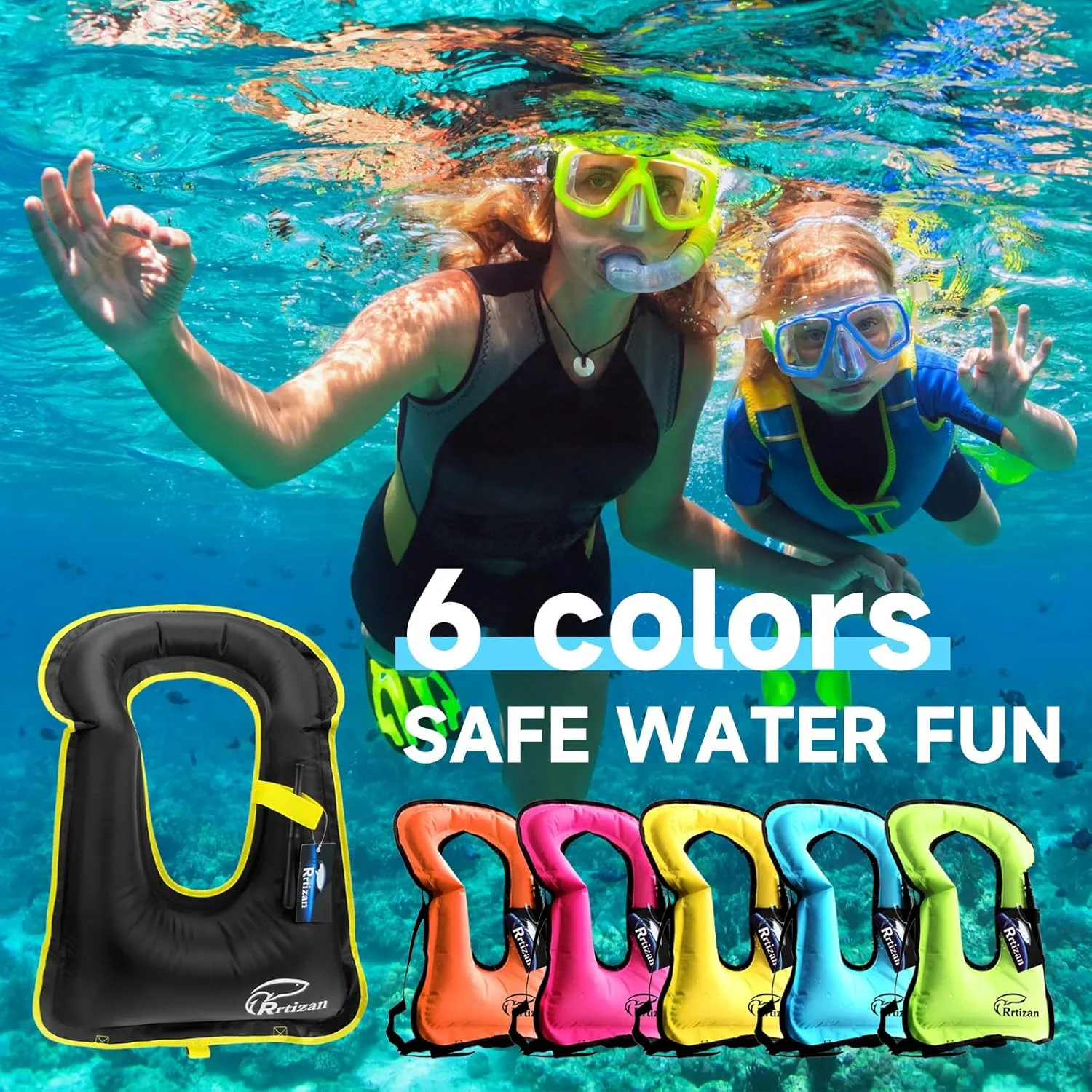 Rrtizan Snorkel Vest, Adults Portable Inflatable Swim Vest Jackets for Snorkeling Swimming Diving Safety