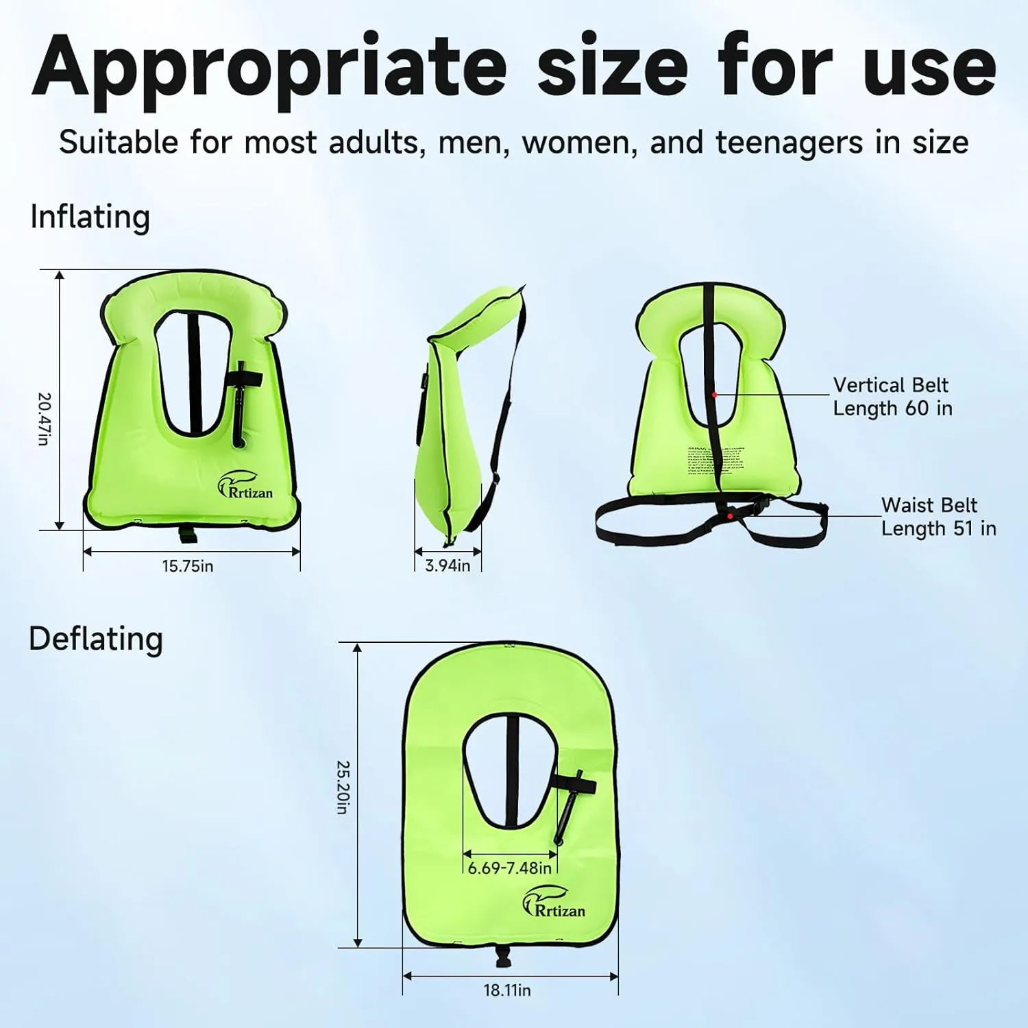 Rrtizan Snorkel Vest, Adults Portable Inflatable Swim Vest Jackets for Snorkeling Swimming Diving Safety
