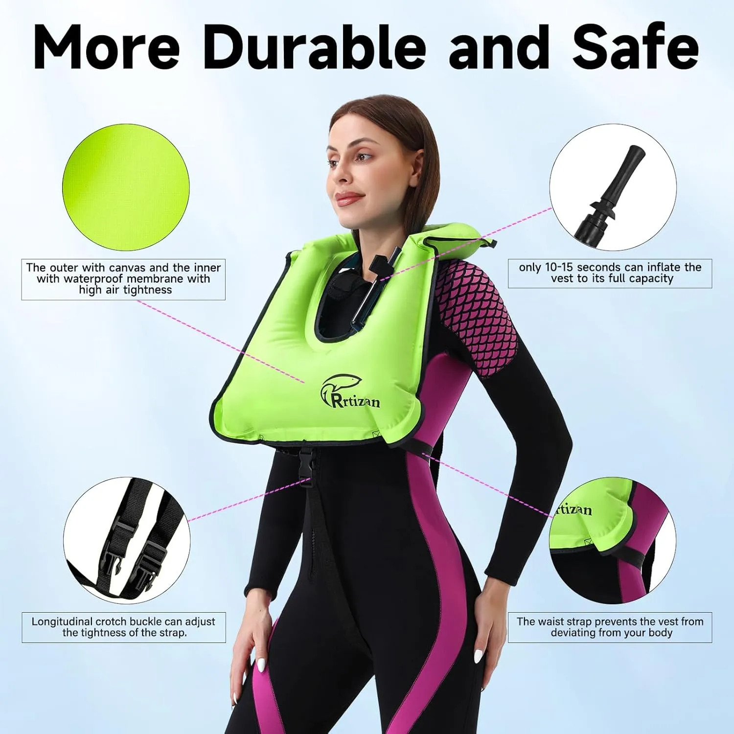 Rrtizan Snorkel Vest, Adults Portable Inflatable Swim Vest Jackets for Snorkeling Swimming Diving Safety