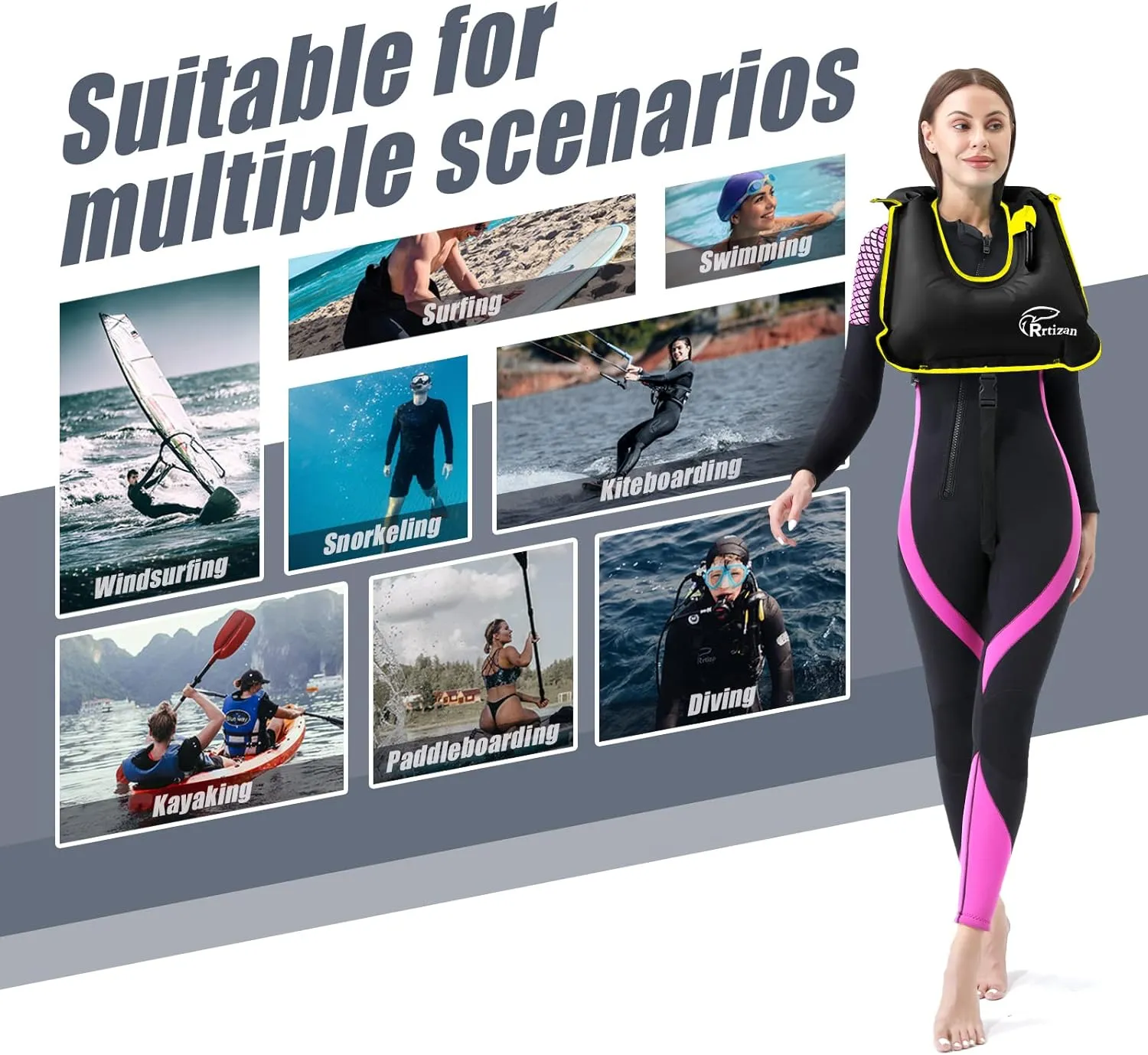Rrtizan Snorkel Vest, Adults Portable Inflatable Swim Vest Jackets for Snorkeling Swimming Diving Safety