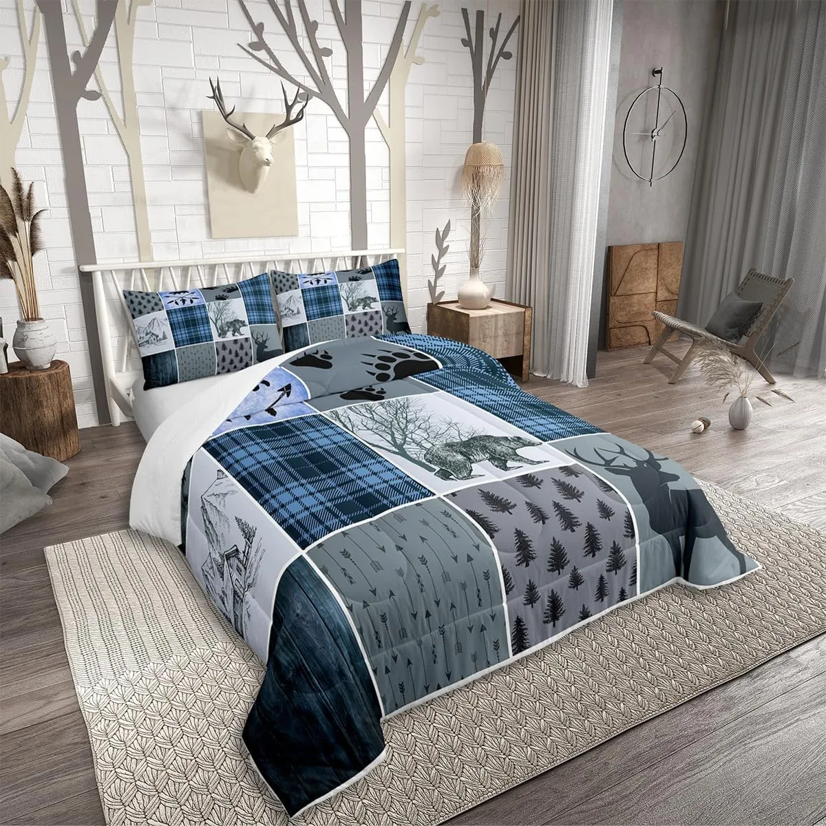 Rustic Farmhouse Comforter Set Twin, Retro Cabin Lodge Bedding Set Christmas Country Bear Deer Duvet Sets For Kids Teens Adult Men, Hunting Wild Animal Plaid Quilt 2Pcs With 1 Pillow Case,Blue