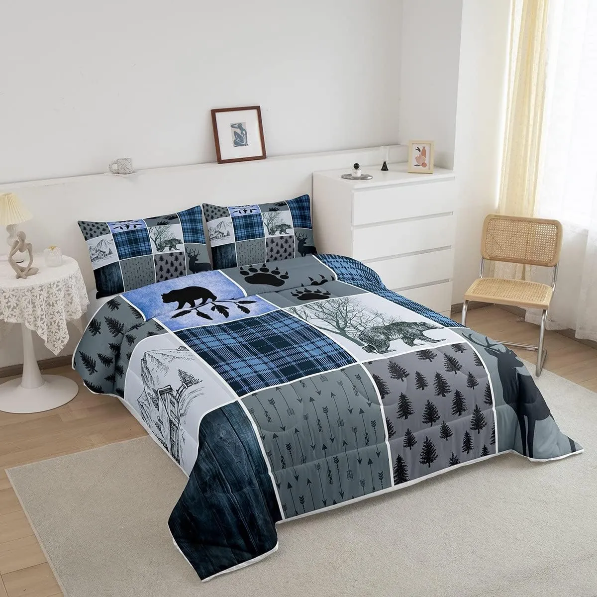 Rustic Farmhouse Comforter Set Twin, Retro Cabin Lodge Bedding Set Christmas Country Bear Deer Duvet Sets For Kids Teens Adult Men, Hunting Wild Animal Plaid Quilt 2Pcs With 1 Pillow Case,Blue