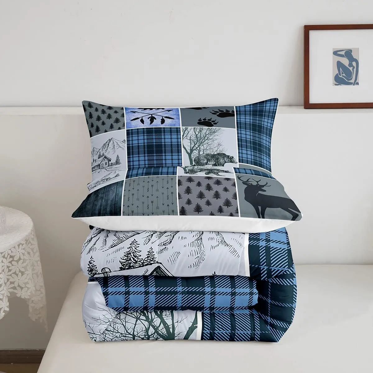 Rustic Farmhouse Comforter Set Twin, Retro Cabin Lodge Bedding Set Christmas Country Bear Deer Duvet Sets For Kids Teens Adult Men, Hunting Wild Animal Plaid Quilt 2Pcs With 1 Pillow Case,Blue