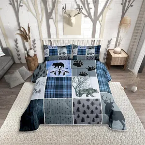 Rustic Farmhouse Comforter Set Twin, Retro Cabin Lodge Bedding Set Christmas Country Bear Deer Duvet Sets For Kids Teens Adult Men, Hunting Wild Animal Plaid Quilt 2Pcs With 1 Pillow Case,Blue