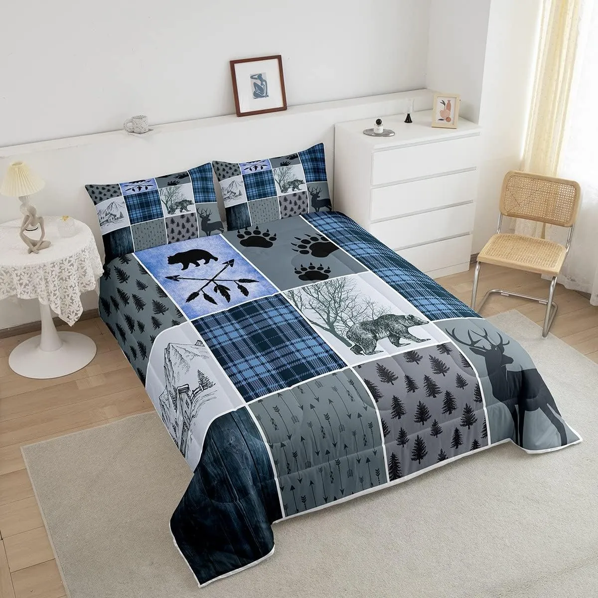 Rustic Farmhouse Comforter Set Twin, Retro Cabin Lodge Bedding Set Christmas Country Bear Deer Duvet Sets For Kids Teens Adult Men, Hunting Wild Animal Plaid Quilt 2Pcs With 1 Pillow Case,Blue