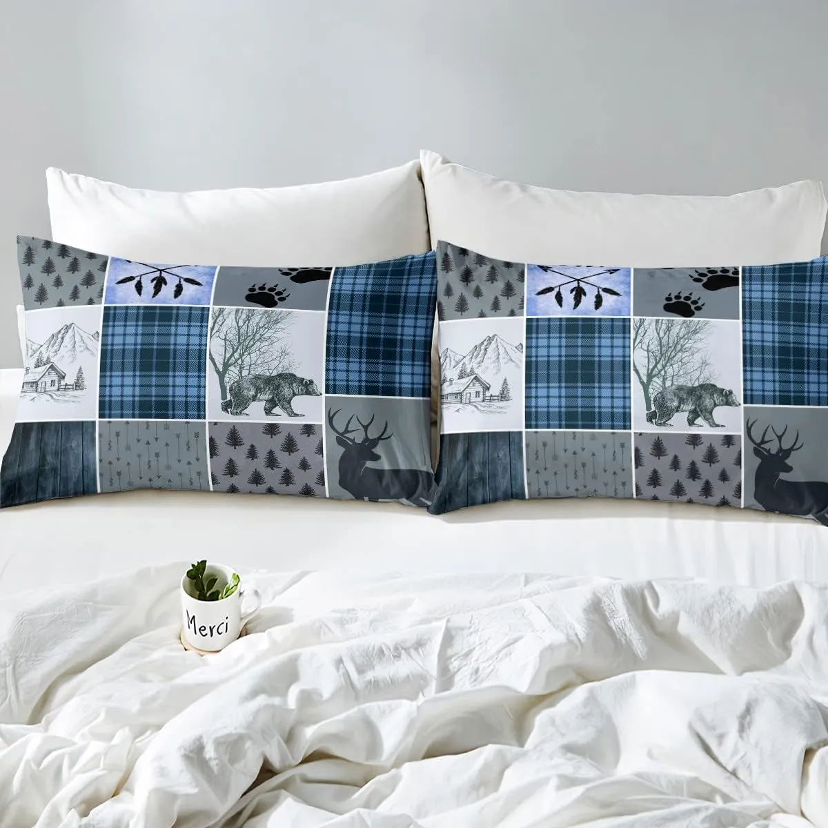 Rustic Farmhouse Comforter Set Twin, Retro Cabin Lodge Bedding Set Christmas Country Bear Deer Duvet Sets For Kids Teens Adult Men, Hunting Wild Animal Plaid Quilt 2Pcs With 1 Pillow Case,Blue