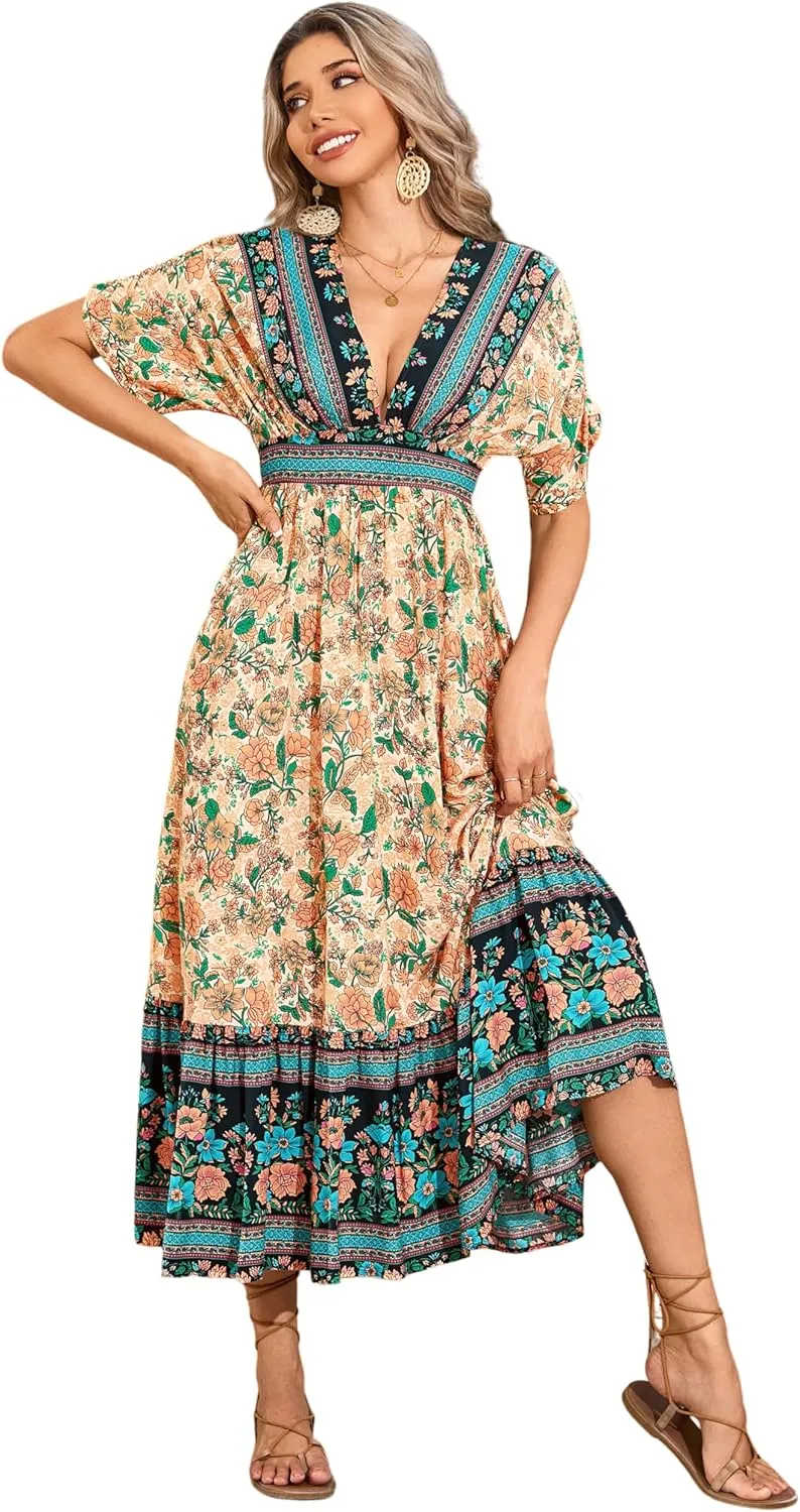 R.Vivimos Women's Summer Boho Floral Print Midi Dress Short Sleeve Deep V Neck Empire Waist Flowy Beach Dress with Pockets