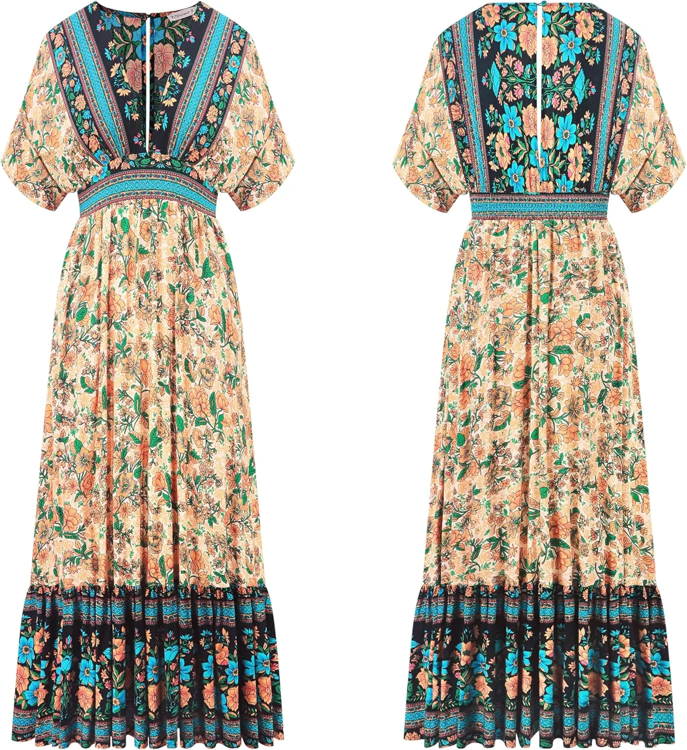 R.Vivimos Women's Summer Boho Floral Print Midi Dress Short Sleeve Deep V Neck Empire Waist Flowy Beach Dress with Pockets