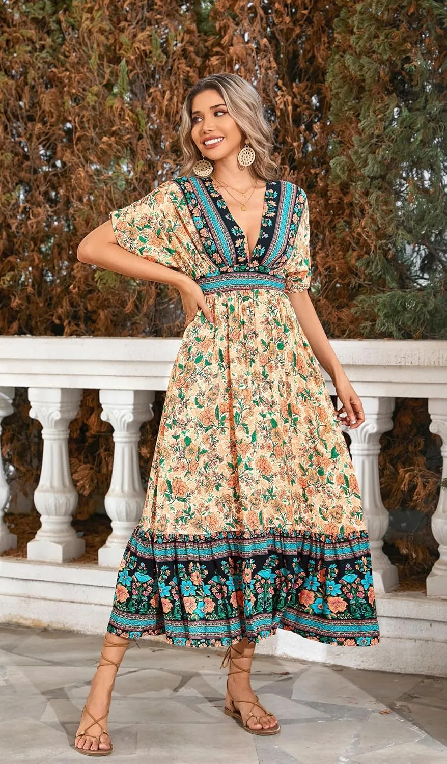R.Vivimos Women's Summer Boho Floral Print Midi Dress Short Sleeve Deep V Neck Empire Waist Flowy Beach Dress with Pockets
