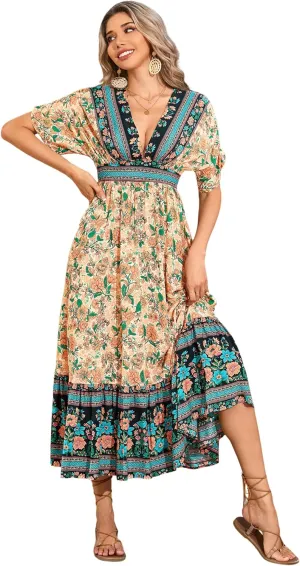 R.Vivimos Women's Summer Boho Floral Print Midi Dress Short Sleeve Deep V Neck Empire Waist Flowy Beach Dress with Pockets