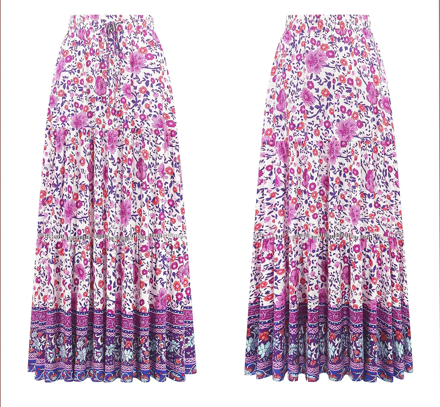 R.Vivimos Womens Summer Cotton Vintage Floral Print Boho Casual Ruffled Flowy Maxi Skirt