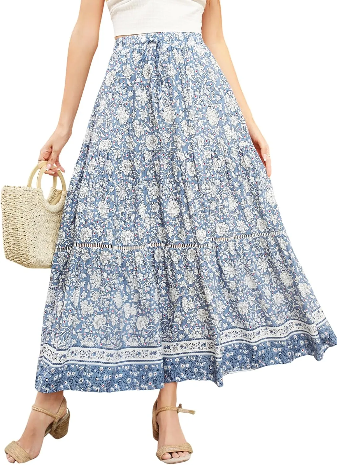 R.Vivimos Womens Summer Cotton Vintage Floral Print Boho Casual Ruffled Flowy Maxi Skirt