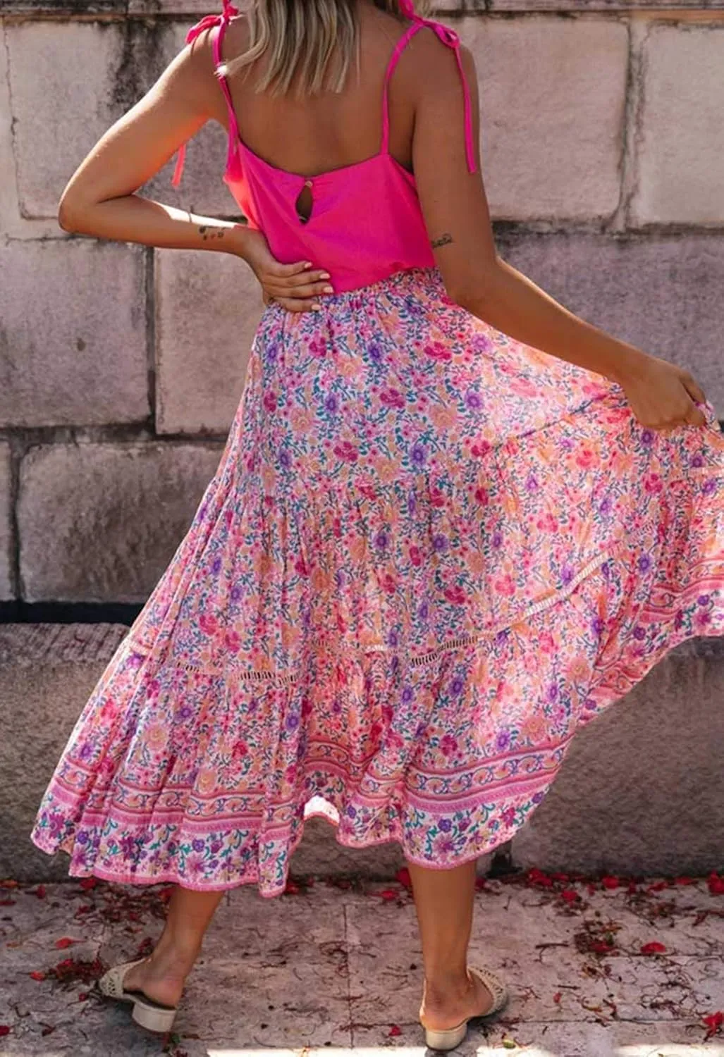 R.Vivimos Womens Summer Cotton Vintage Floral Print Boho Casual Ruffled Flowy Maxi Skirt