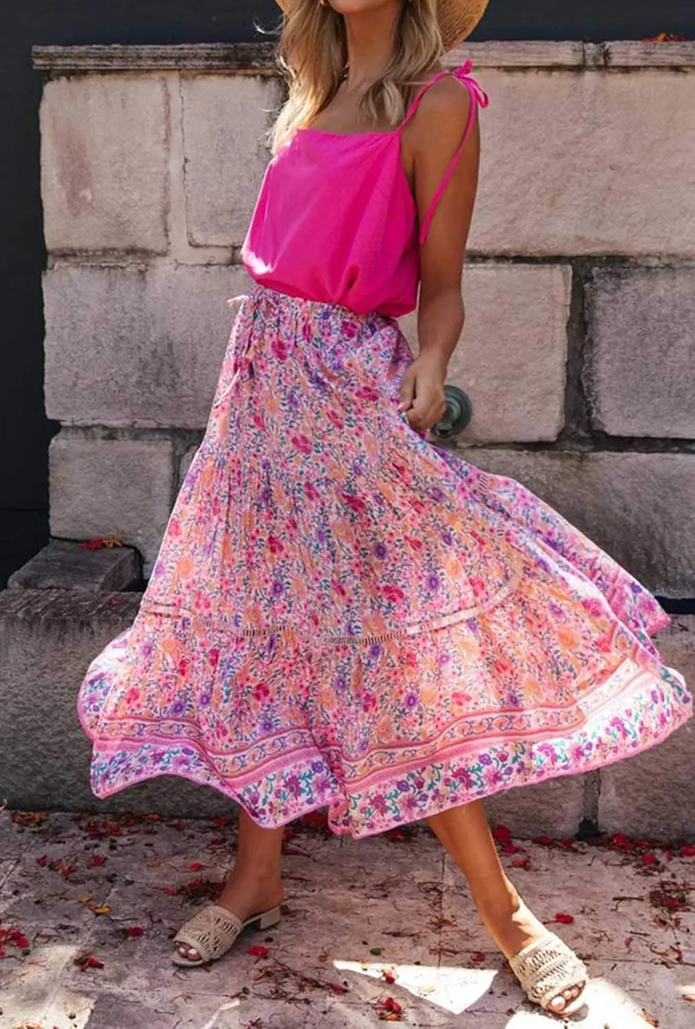 R.Vivimos Womens Summer Cotton Vintage Floral Print Boho Casual Ruffled Flowy Maxi Skirt
