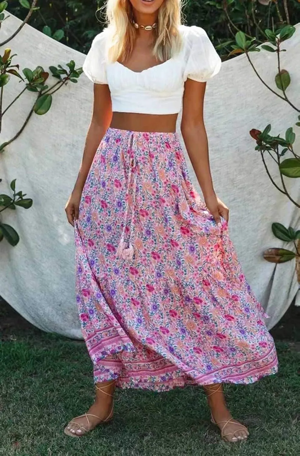 R.Vivimos Womens Summer Cotton Vintage Floral Print Boho Casual Ruffled Flowy Maxi Skirt