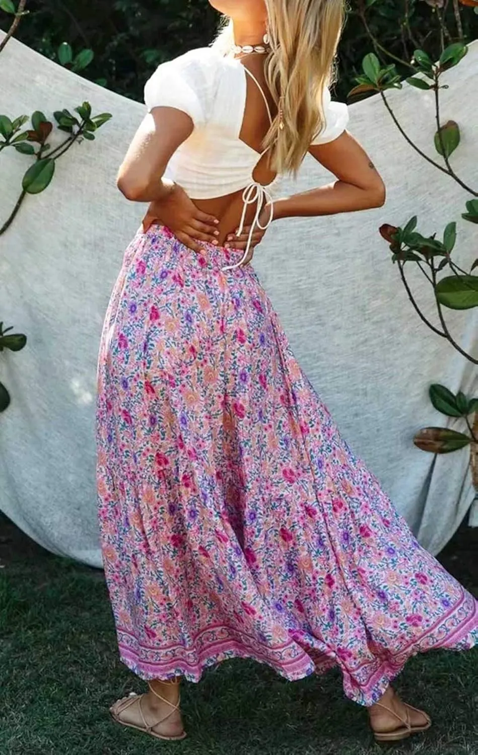 R.Vivimos Womens Summer Cotton Vintage Floral Print Boho Casual Ruffled Flowy Maxi Skirt