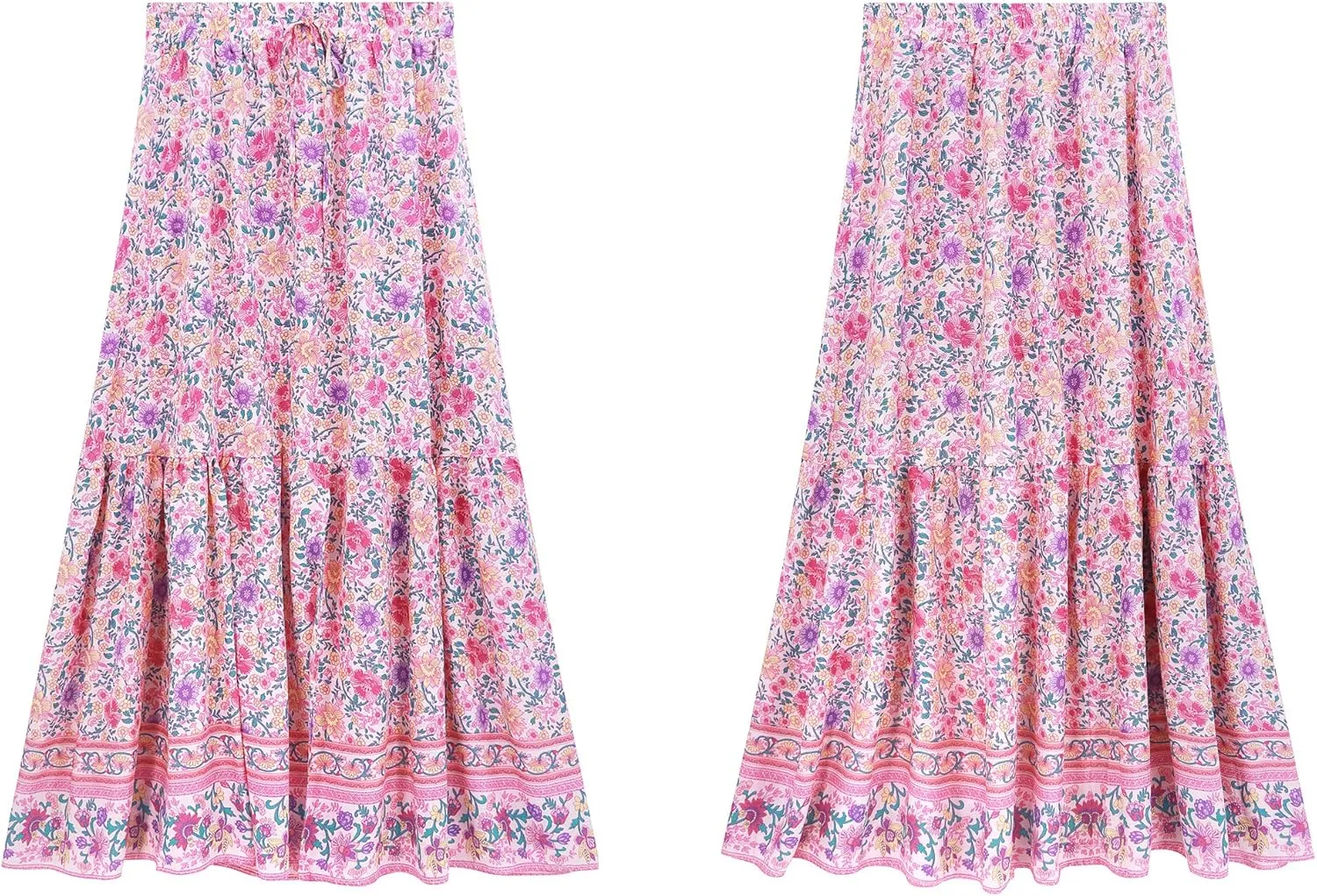R.Vivimos Womens Summer Cotton Vintage Floral Print Boho Casual Ruffled Flowy Maxi Skirt