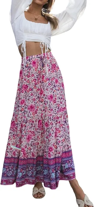 R.Vivimos Womens Summer Cotton Vintage Floral Print Boho Casual Ruffled Flowy Maxi Skirt