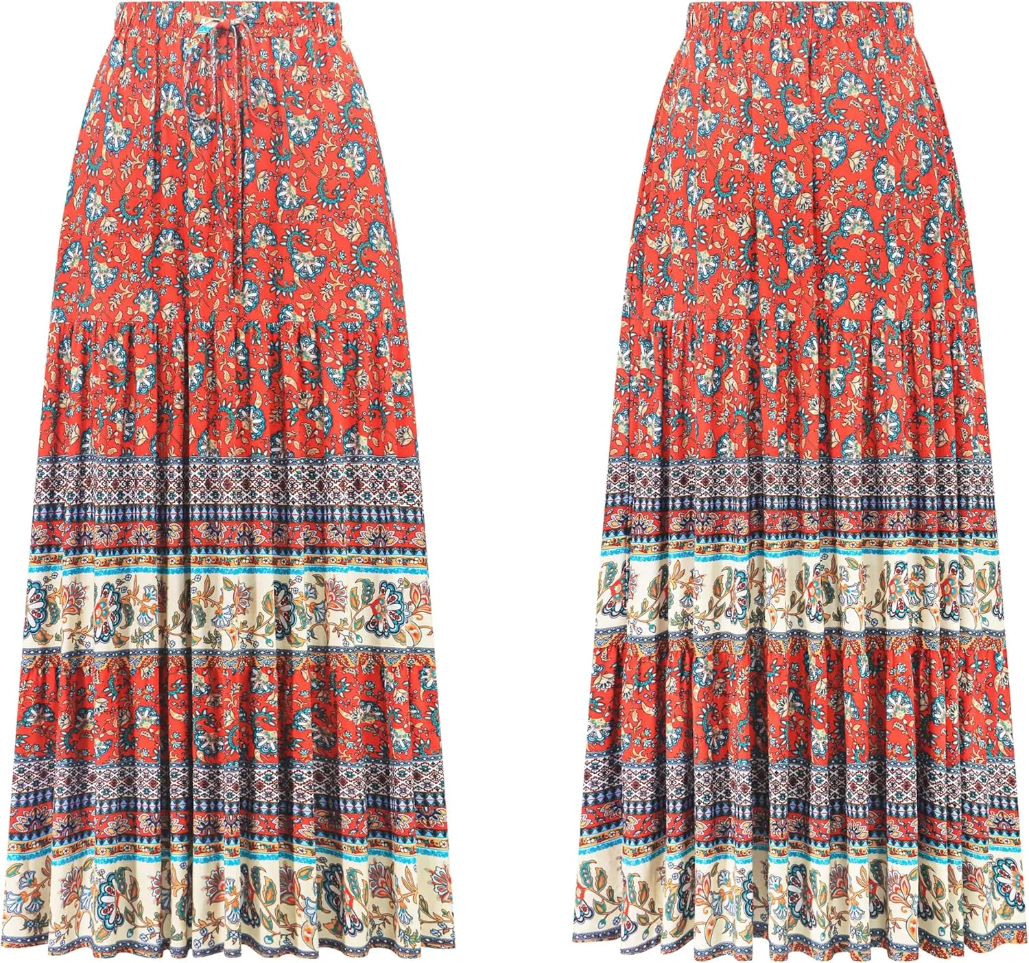 R.Vivimos Womens Summer Cotton Vintage Floral Print Boho Casual Ruffled Flowy Maxi Skirt