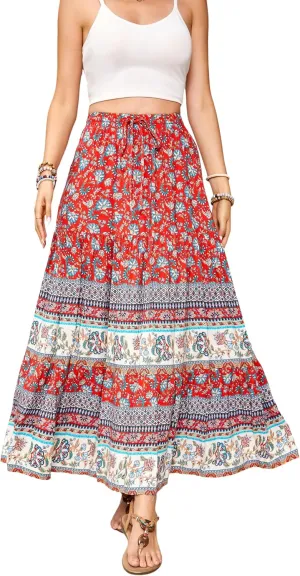 R.Vivimos Womens Summer Cotton Vintage Floral Print Boho Casual Ruffled Flowy Maxi Skirt