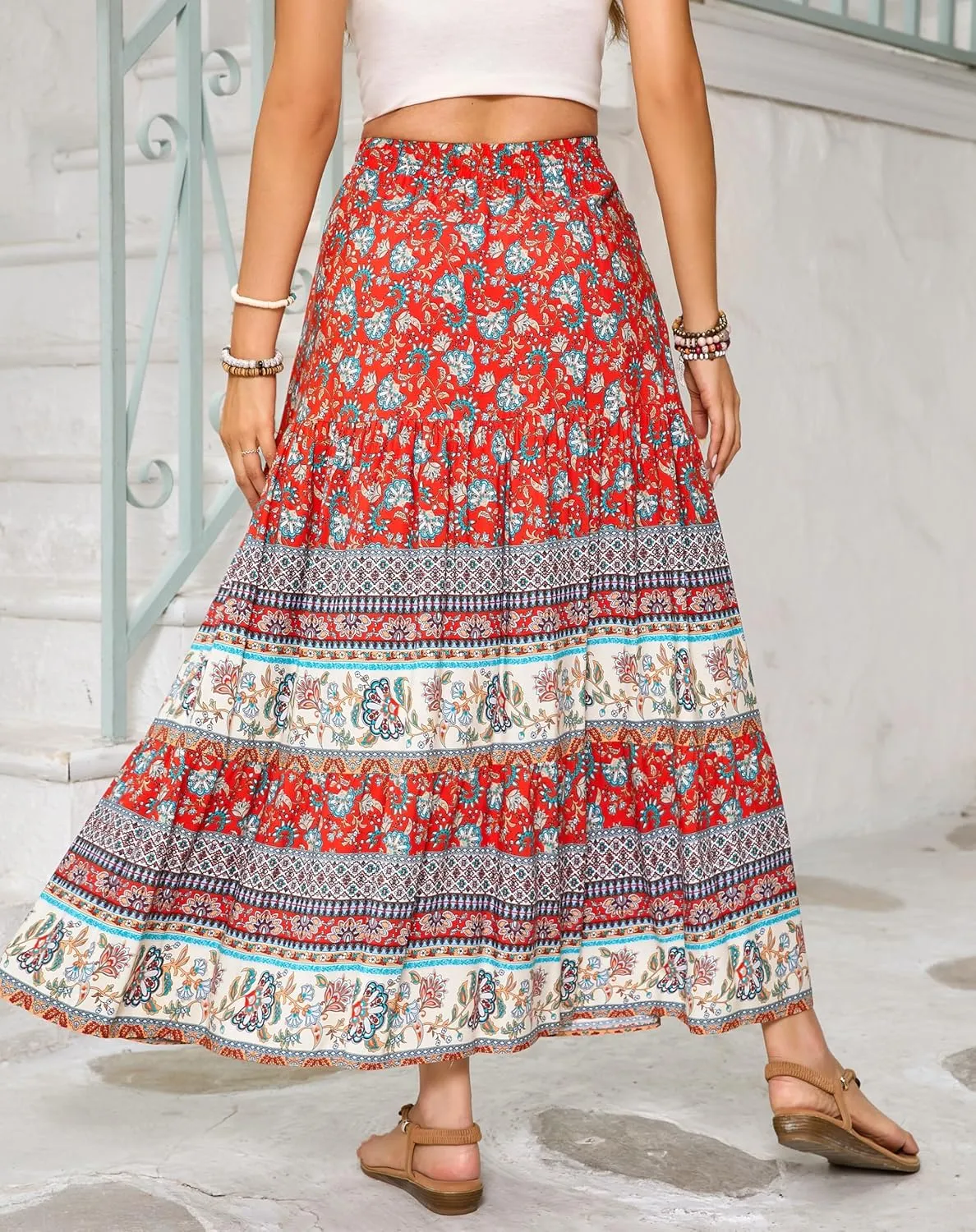 R.Vivimos Womens Summer Cotton Vintage Floral Print Boho Casual Ruffled Flowy Maxi Skirt