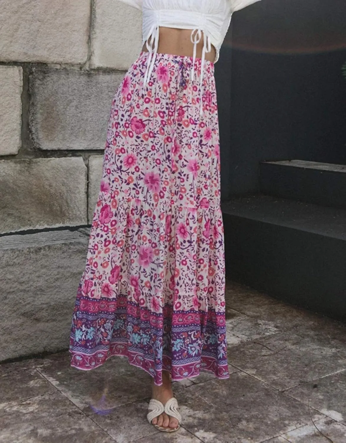 R.Vivimos Womens Summer Cotton Vintage Floral Print Boho Casual Ruffled Flowy Maxi Skirt