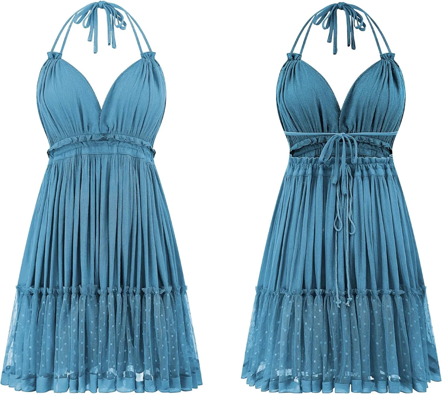 R.Vivimos Womens Summer Halter Deep V Neck Sexy Patchwork Mini Short Dresses