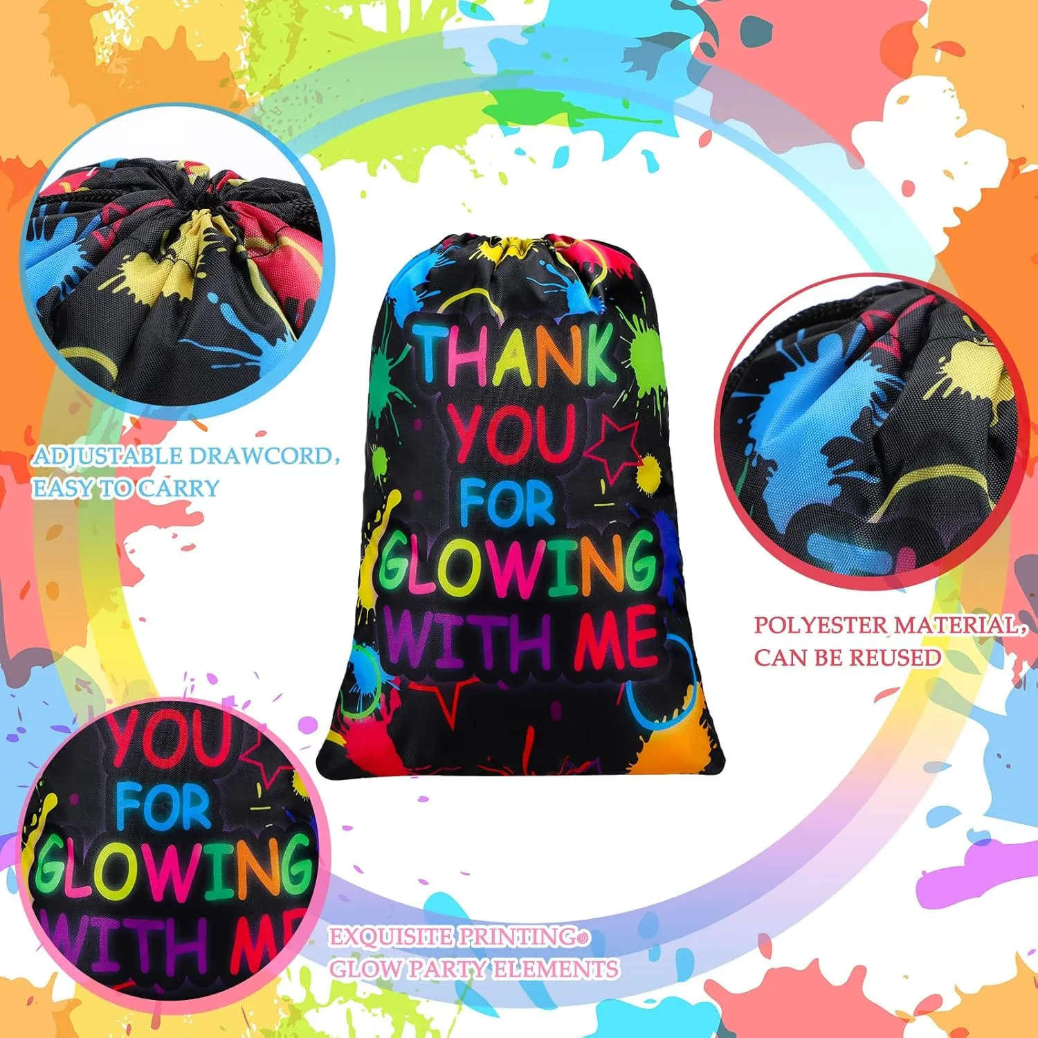 Sadnyy Let's Glow Drawstring Bags Glow Party Supplies Favor Gift Bags Neon Pouch for Retro 80s 90s Theme Party Decorations(12 Pieces)