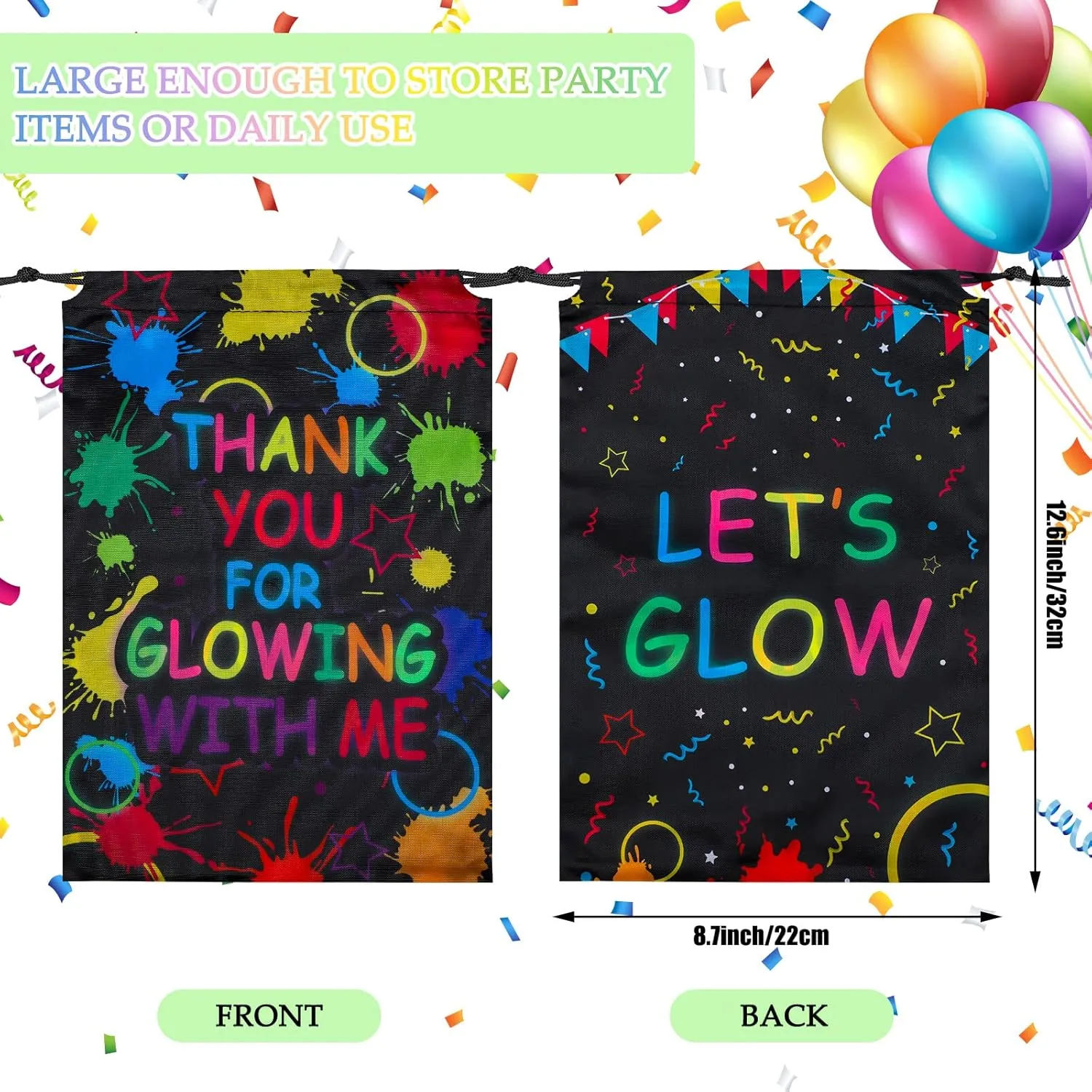 Sadnyy Let's Glow Drawstring Bags Glow Party Supplies Favor Gift Bags Neon Pouch for Retro 80s 90s Theme Party Decorations(24 Pieces)