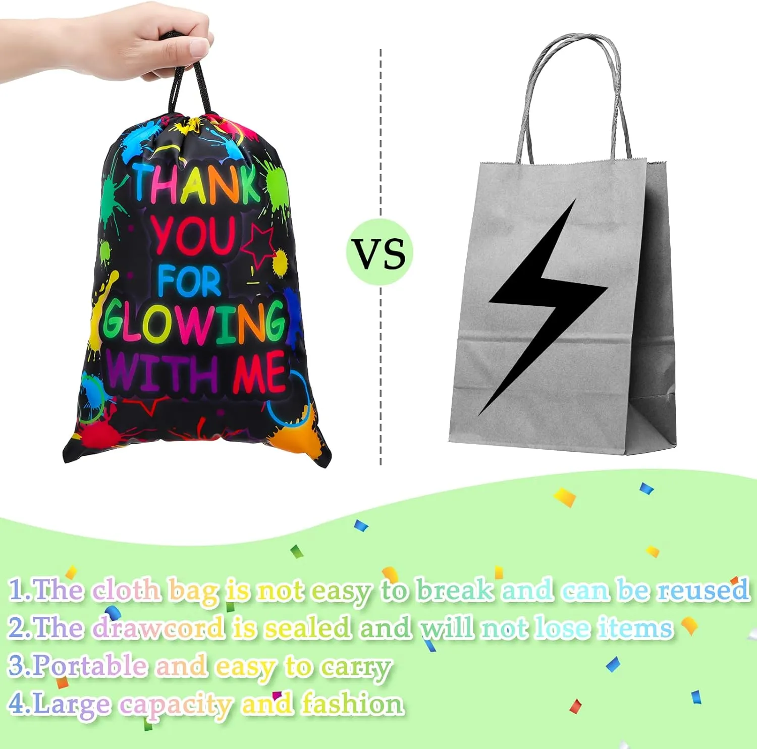 Sadnyy Let's Glow Drawstring Bags Glow Party Supplies Favor Gift Bags Neon Pouch for Retro 80s 90s Theme Party Decorations(24 Pieces)