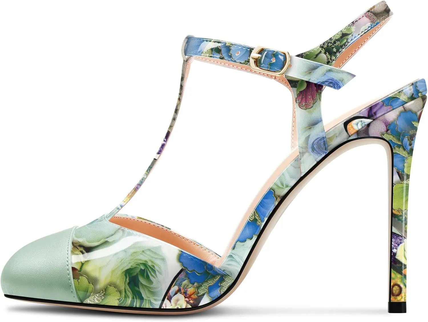 Saekcted Womens Stiletto High Heel Round Toe Pumps Ankle Strap T-Strap Patchwork Prom Cute Summer 3.9 Inches Heels