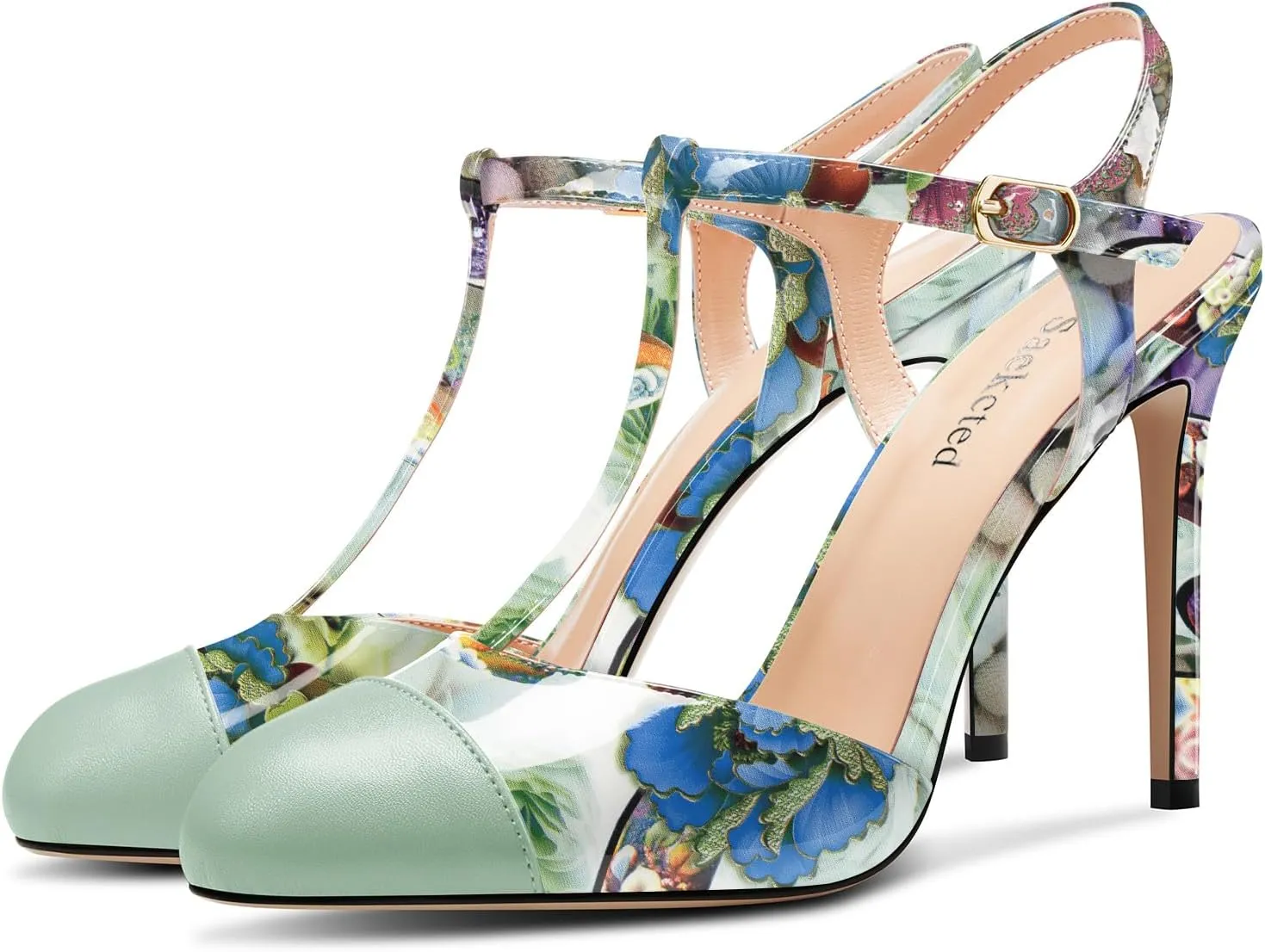 Saekcted Womens Stiletto High Heel Round Toe Pumps Ankle Strap T-Strap Patchwork Prom Cute Summer 3.9 Inches Heels
