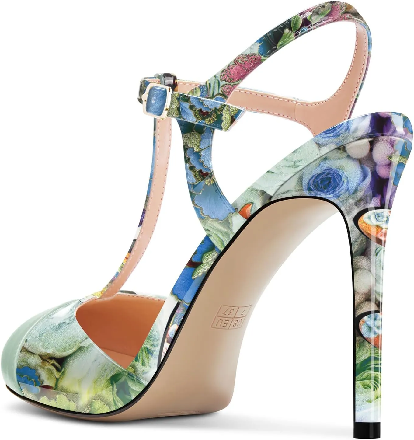 Saekcted Womens Stiletto High Heel Round Toe Pumps Ankle Strap T-Strap Patchwork Prom Cute Summer 3.9 Inches Heels