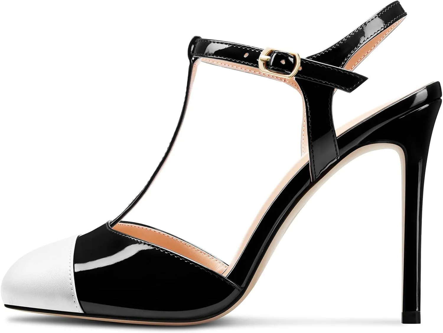 Saekcted Womens Stiletto High Heel Round Toe Pumps Ankle Strap T-Strap Patchwork Prom Cute Summer 3.9 Inches Heels