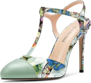 Saekcted Womens Stiletto High Heel Round Toe Pumps Ankle Strap T-Strap Patchwork Prom Cute Summer 3.9 Inches Heels