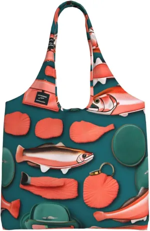 Salmon pattern Print Vintage Women Canvas Tote Bag Reusable Shopping Bag 14.2 x 12.6 x 4 inch