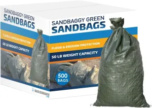 Sandbaggy - Heavy Duty Empty Sandbags For Flooding (14" X 26") - Poly Sand Bags - Flood Barrier, Weight, Construction, Earth Bag Homes - Reusable, UV Resistant - Tie Strings Attached (500 Bags)