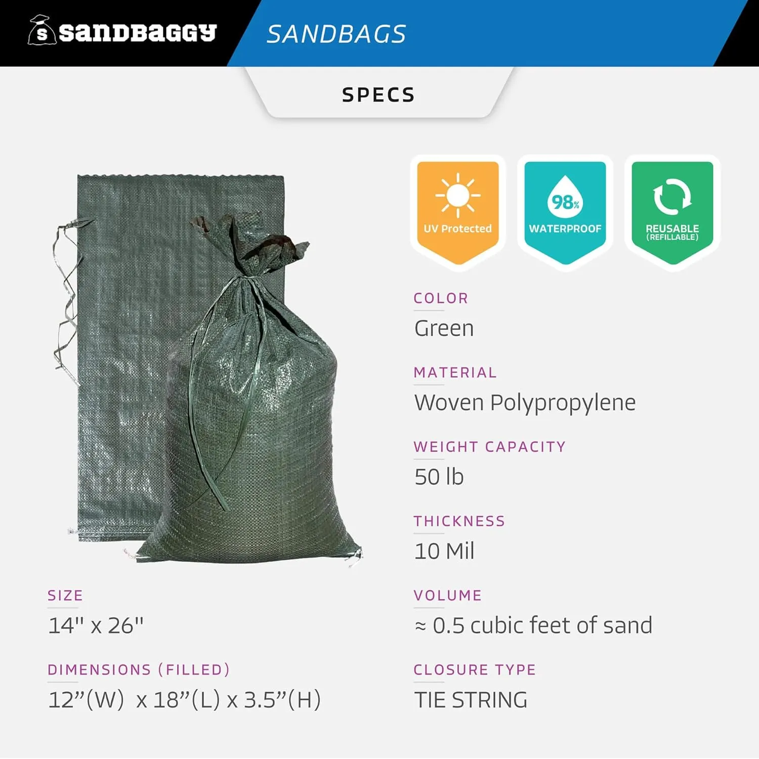 Sandbaggy - Heavy Duty Empty Sandbags For Flooding (14" X 26") - Poly Sand Bags - Flood Barrier, Weight, Construction, Earth Bag Homes - Reusable, UV Resistant - Tie Strings Attached (500 Bags)