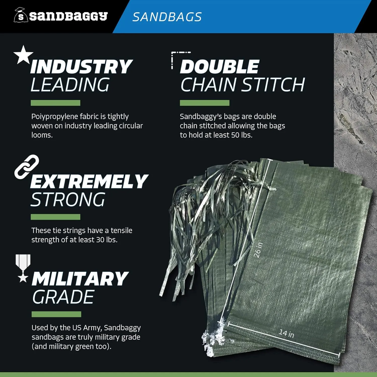 Sandbaggy - Heavy Duty Empty Sandbags For Flooding (14" X 26") - Poly Sand Bags - Flood Barrier, Weight, Construction, Earth Bag Homes - Reusable, UV Resistant - Tie Strings Attached (500 Bags)