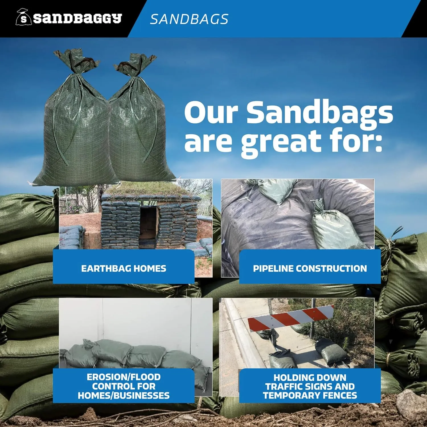 Sandbaggy - Heavy Duty Empty Sandbags For Flooding (14" X 26") - Poly Sand Bags - Flood Barrier, Weight, Construction, Earth Bag Homes - Reusable, UV Resistant - Tie Strings Attached (500 Bags)
