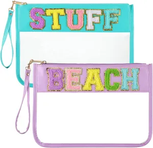 Sanwuta 2 Pcs Chenille Letter Clear Zipper Pouch Clear Cosmetic Bag Makeup Letter Bag Stadium Purse Transparent Travel Patch Pouch(Beach, Stuff,Blue, Purple)