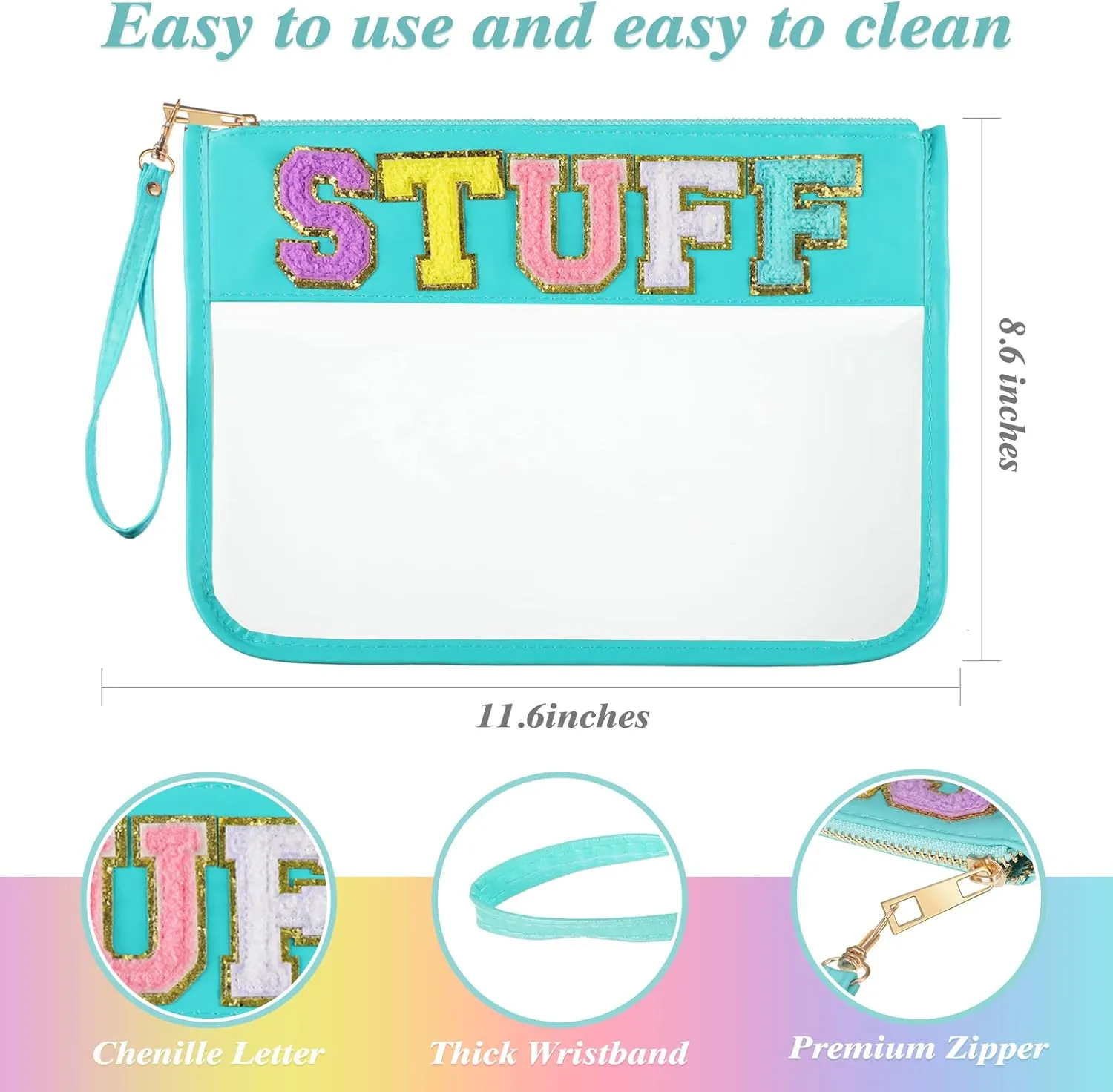 Sanwuta 2 Pcs Chenille Letter Clear Zipper Pouch Clear Cosmetic Bag Makeup Letter Bag Stadium Purse Transparent Travel Patch Pouch(Beach, Stuff,Blue, Purple)
