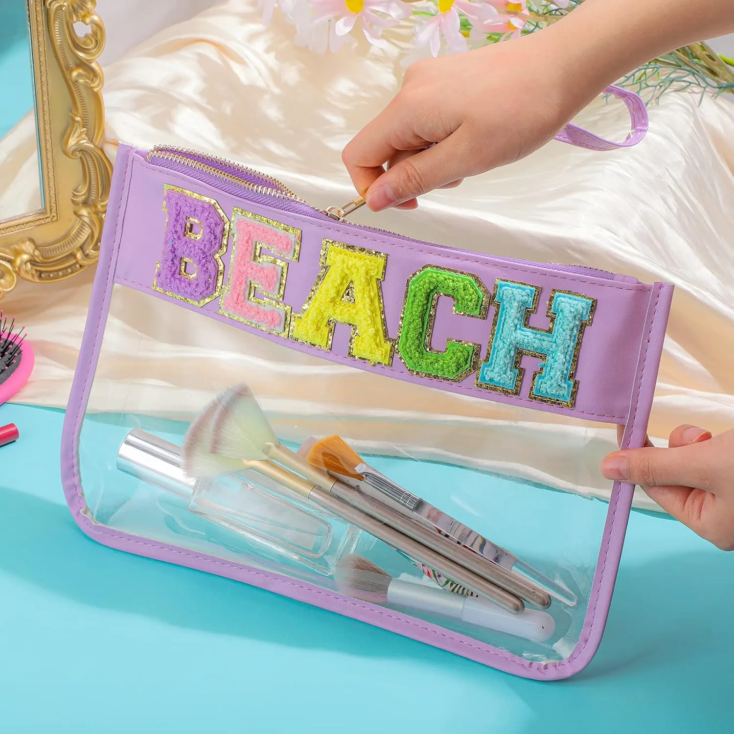 Sanwuta 2 Pcs Chenille Letter Clear Zipper Pouch Clear Cosmetic Bag Makeup Letter Bag Stadium Purse Transparent Travel Patch Pouch(Beach, Stuff,Blue, Purple)