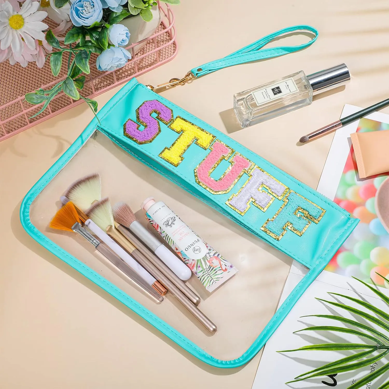 Sanwuta 2 Pcs Chenille Letter Clear Zipper Pouch Clear Cosmetic Bag Makeup Letter Bag Stadium Purse Transparent Travel Patch Pouch(Beach, Stuff,Blue, Purple)