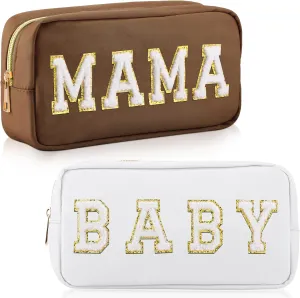 Sanwuta 2 Pieces Mama Gifts Makeup Bag Mom Birthday Gifts Nylon Cosmetic Bag Mothers Day Appreciation Toiletry Preppy Patch Chenille Letter Pouch for Women Her New Mom(Camel, White,Baby and Mama)